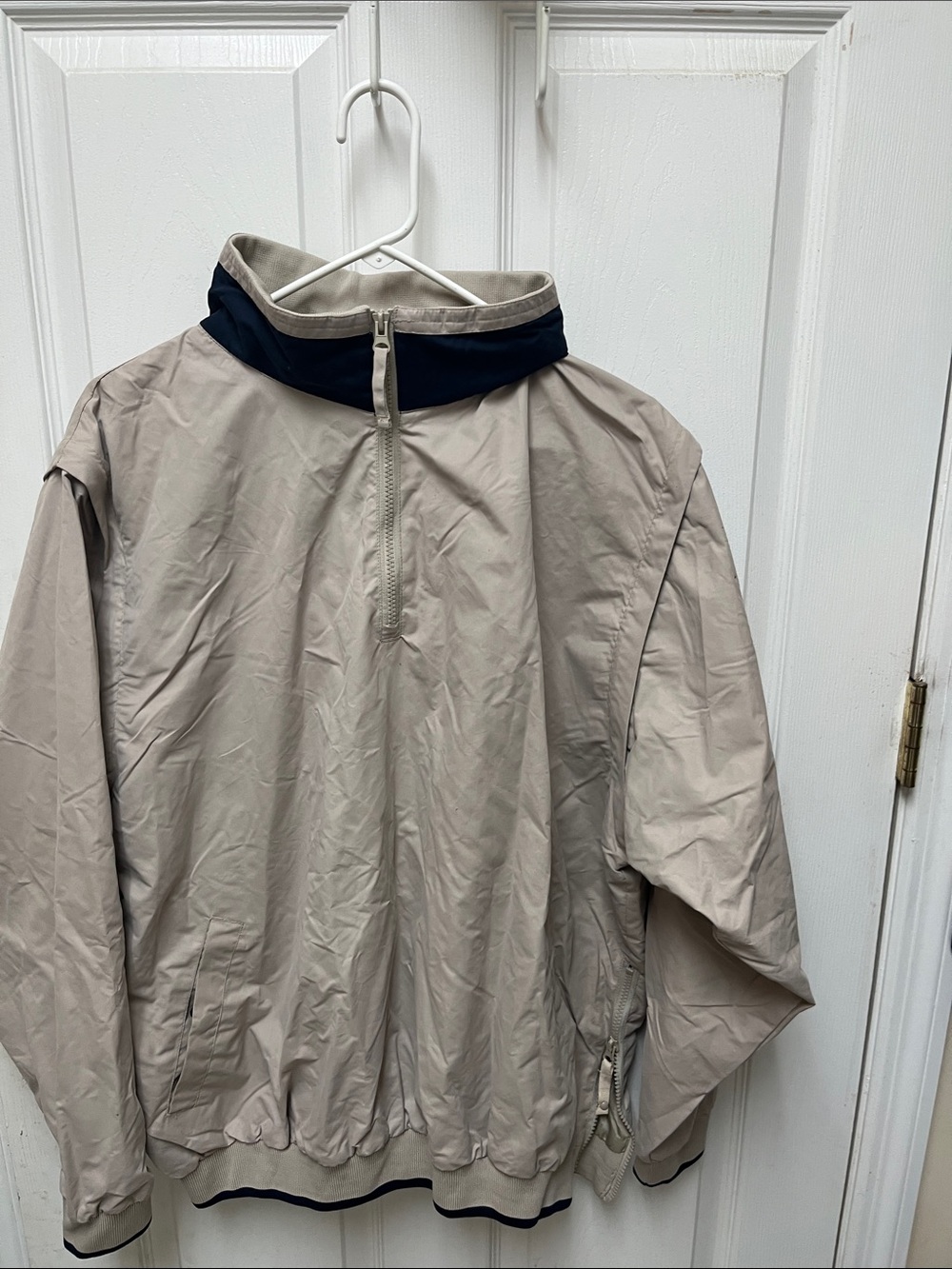 Men's Beige Windbreaker with Navy Stand Collar